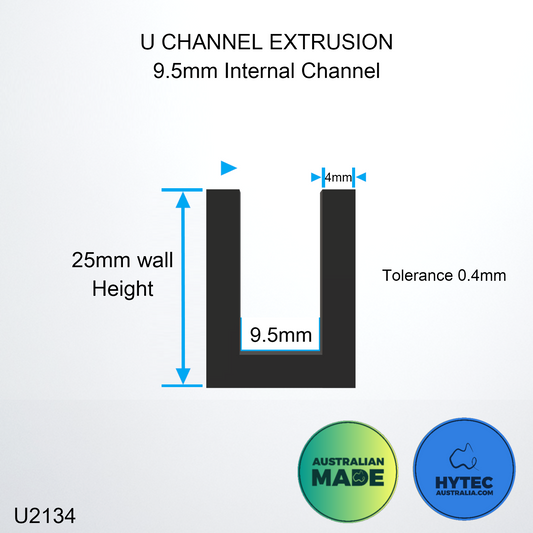 U CHANNEL 9.5mm Internal Channel Black Solid Rubber Australian Made x 10 Metres