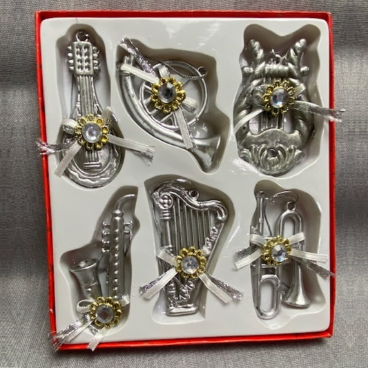 Christmas Tree Ornaments Silver Musical Instruments Pack of 6