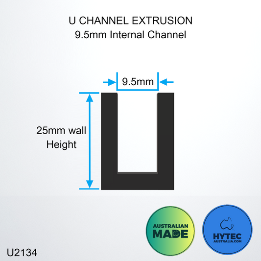 U CHANNEL 9.5mm Internal Channel Black Solid Rubber Australian Made x 10 Metres