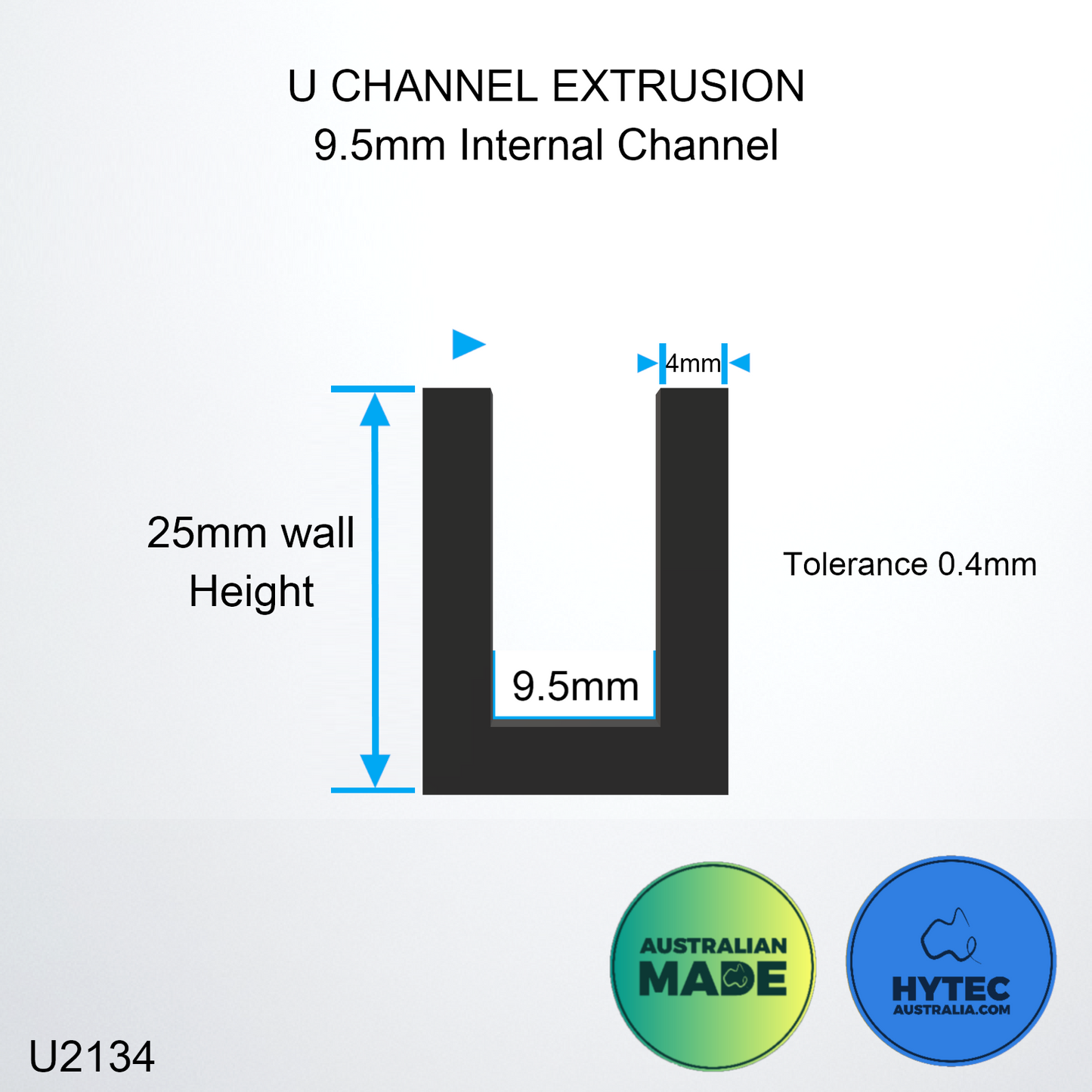 U CHANNEL 9.5mm Internal Channel Black Solid Rubber Australian Made x 10 Metres